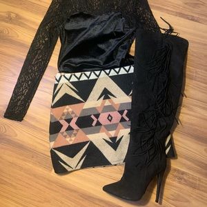 Black fringe above the knee stiletto boots